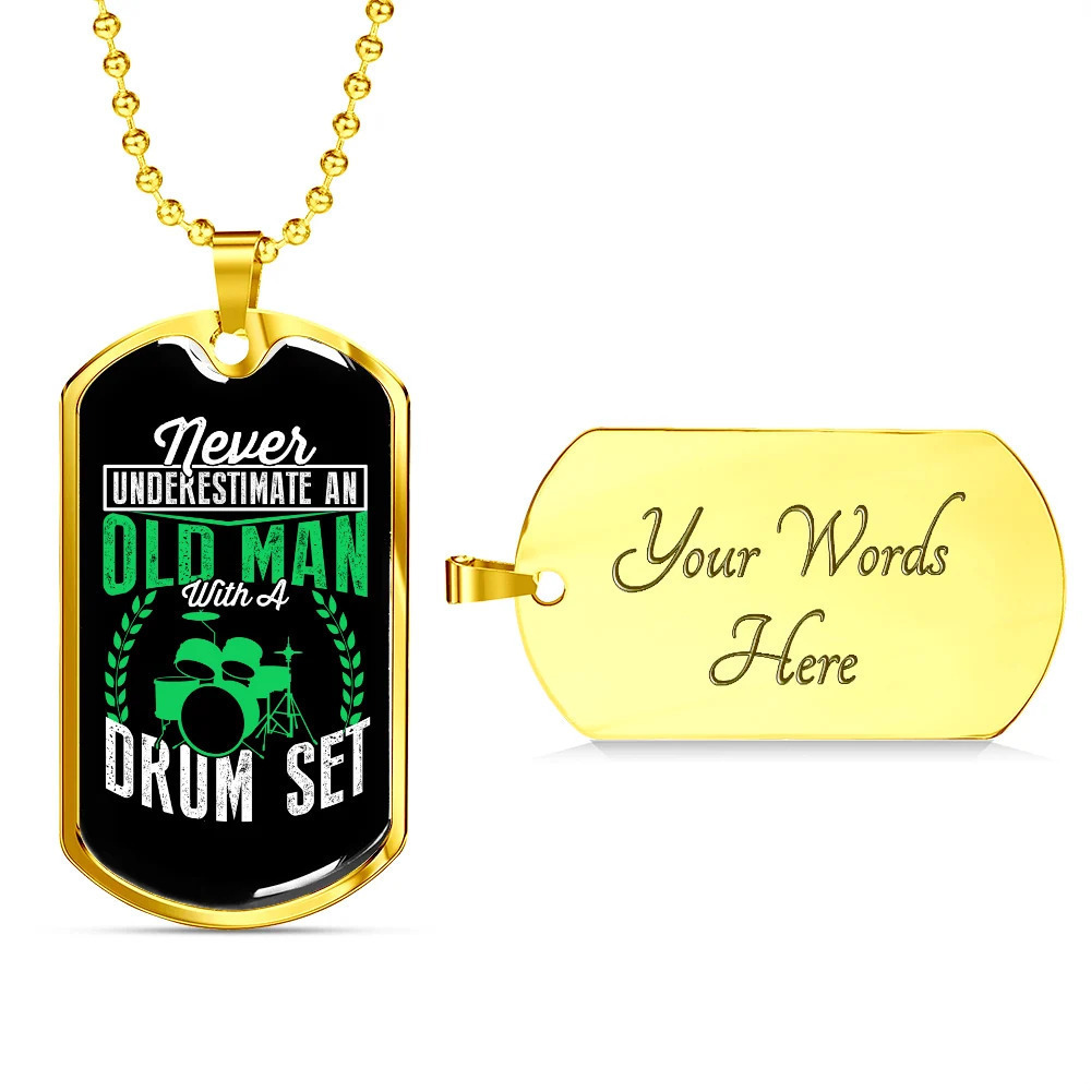 Drummer Necklace Old Man Drumset Green Personalized Engraved Gold Dog Tag Neckl